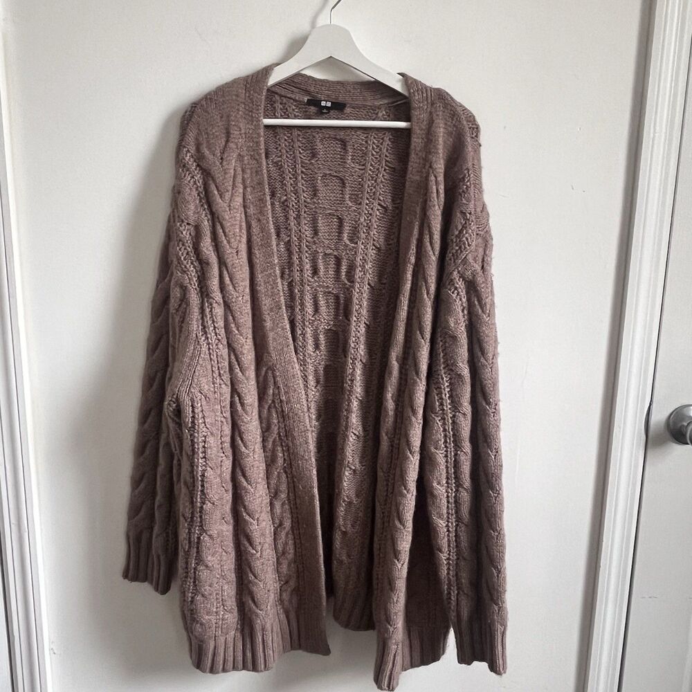 Uniqlo Cable Knit Open Front Cardigan L Chunky Tan Taupe Brown